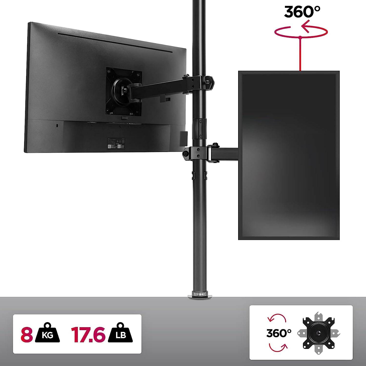 Duronic DMT151X2 Monitorarm 100 cm für 27 Zoll - 8kg Kapazität - Verstellbar in Höhe, Neigung und Drehung - VESA 75/100