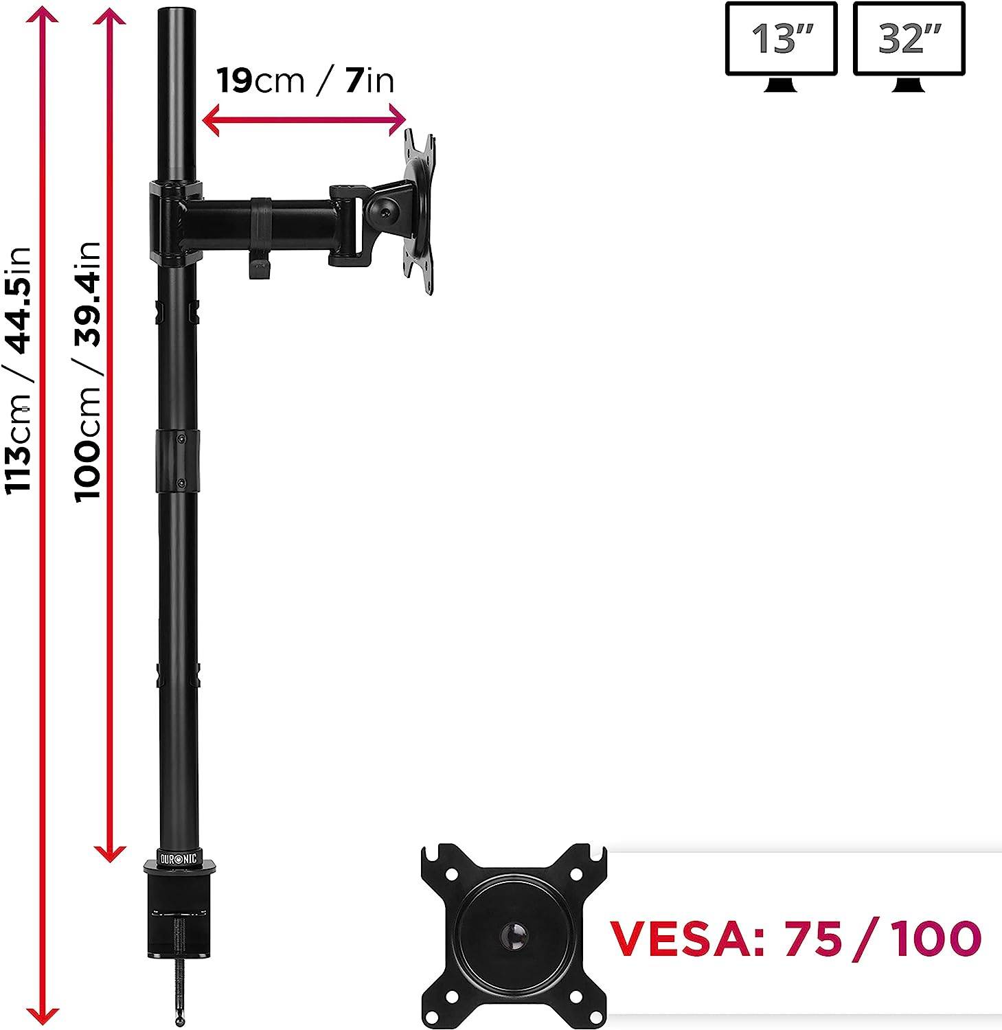 Duronic DMT251X2 Monitorarm 100 cm für 27 Zoll - 8kg Kapazität - Verstellbar in Höhe, Neigung und Drehung - VESA 75/100