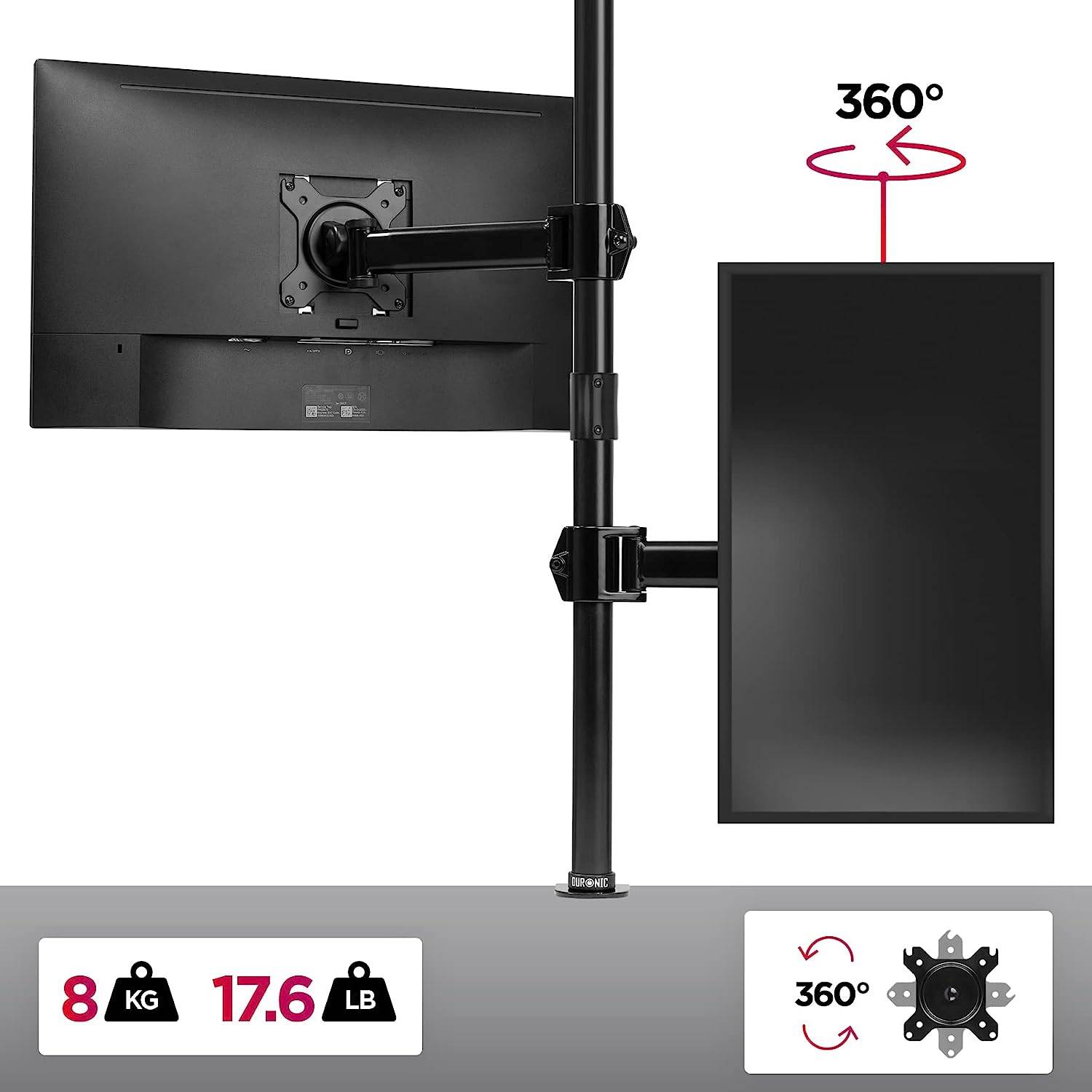 Duronic DMT251X2 Monitorarm 100 cm für 27 Zoll - 8kg Kapazität - Verstellbar in Höhe, Neigung und Drehung - VESA 75/100