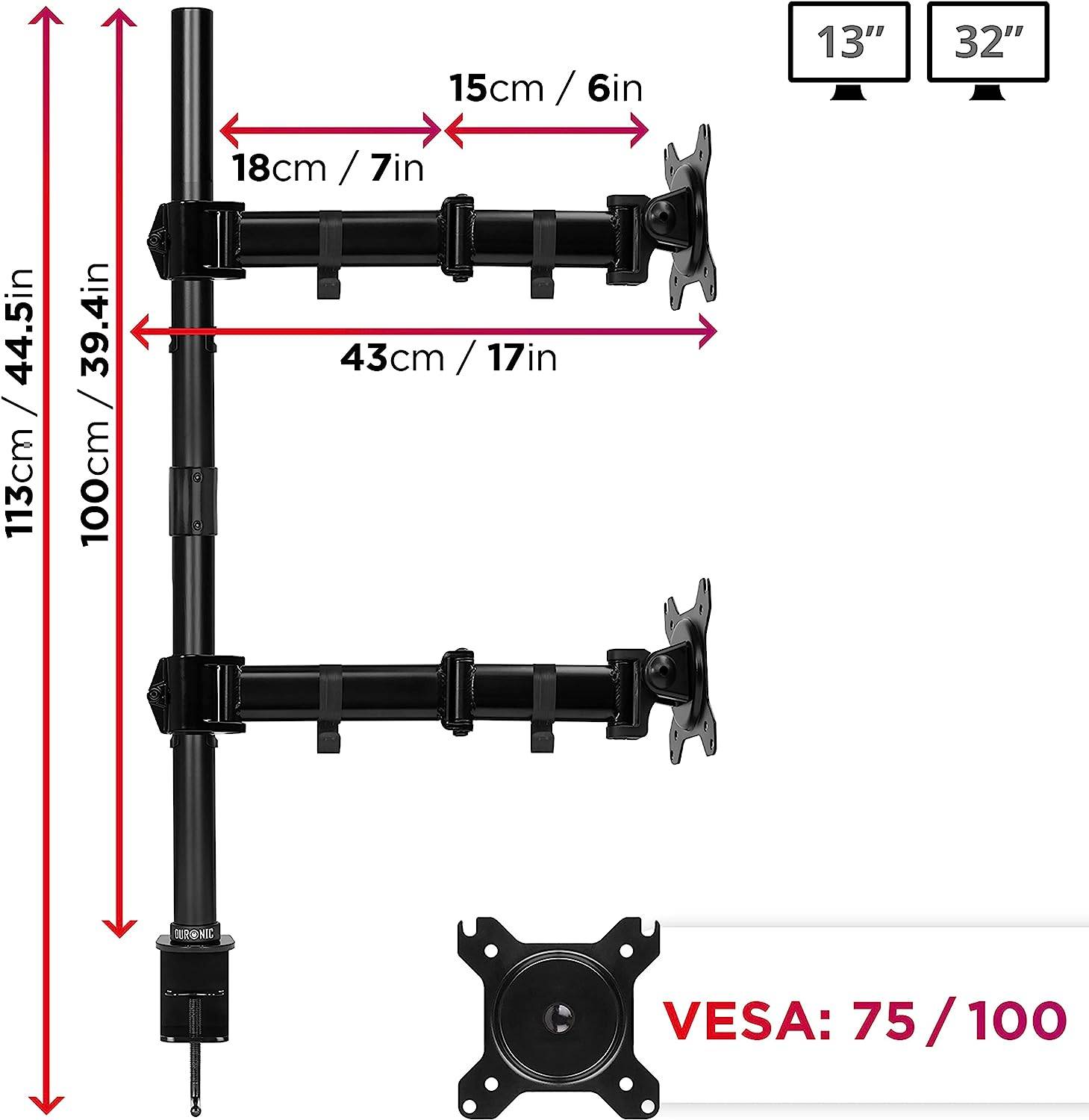 Duronic DMT252VX2 Monitorarm 100 cm für 27 Zoll - 8kg Kapazität - Verstellbar in Höhe, Neigung und Drehung - VESA 75/100