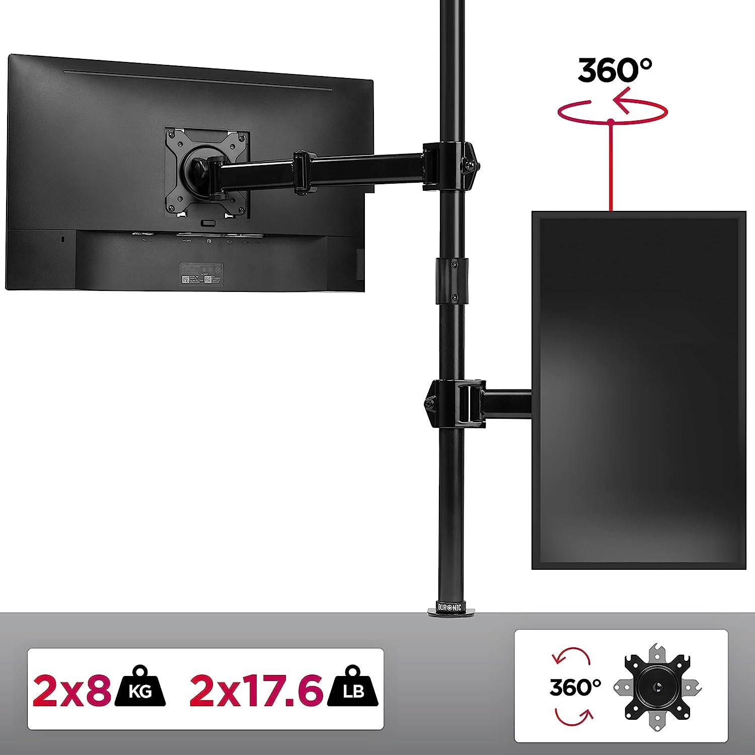 Duronic DMT252VX2 Monitorarm 100 cm für 27 Zoll - 8kg Kapazität - Verstellbar in Höhe, Neigung und Drehung - VESA 75/100