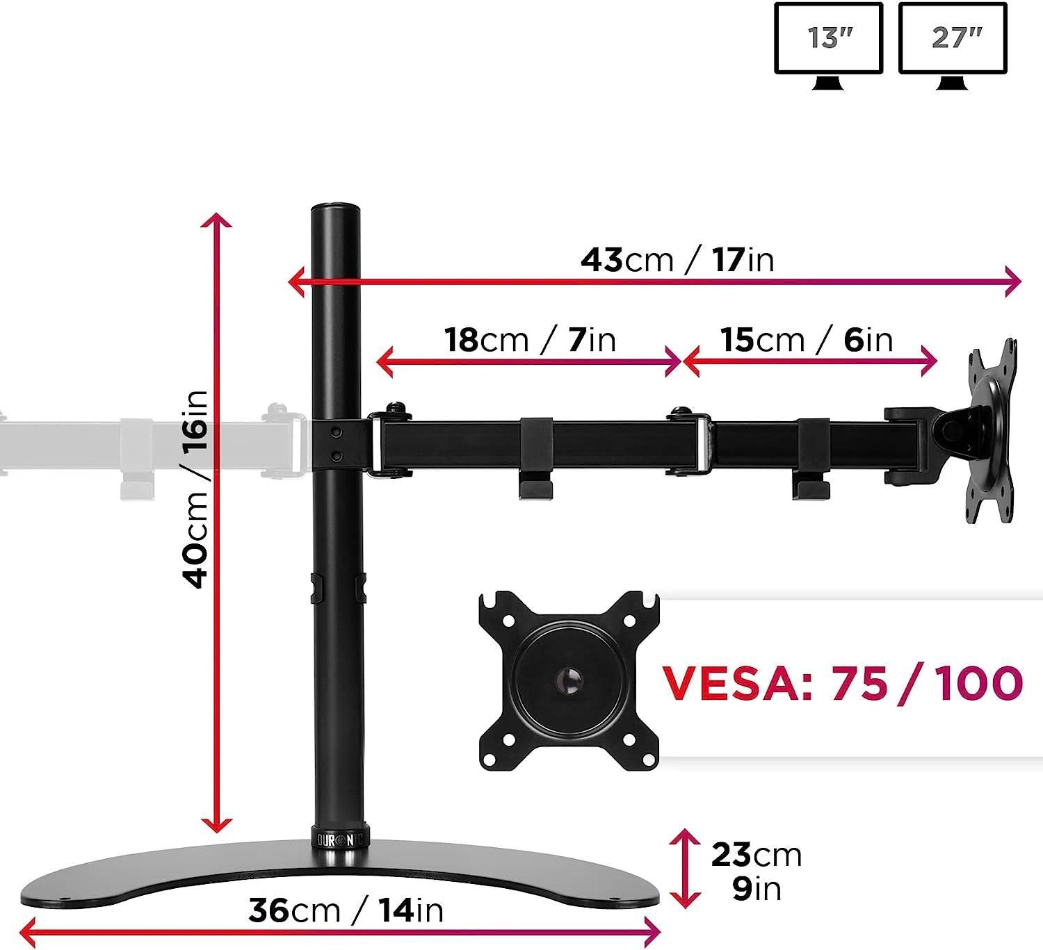 Duronic DMT15D2 Monitorarm 100 cm für 27 Zoll - 8kg Kapazität - Verstellbar in Höhe, Neigung und Drehung - VESA 75/100