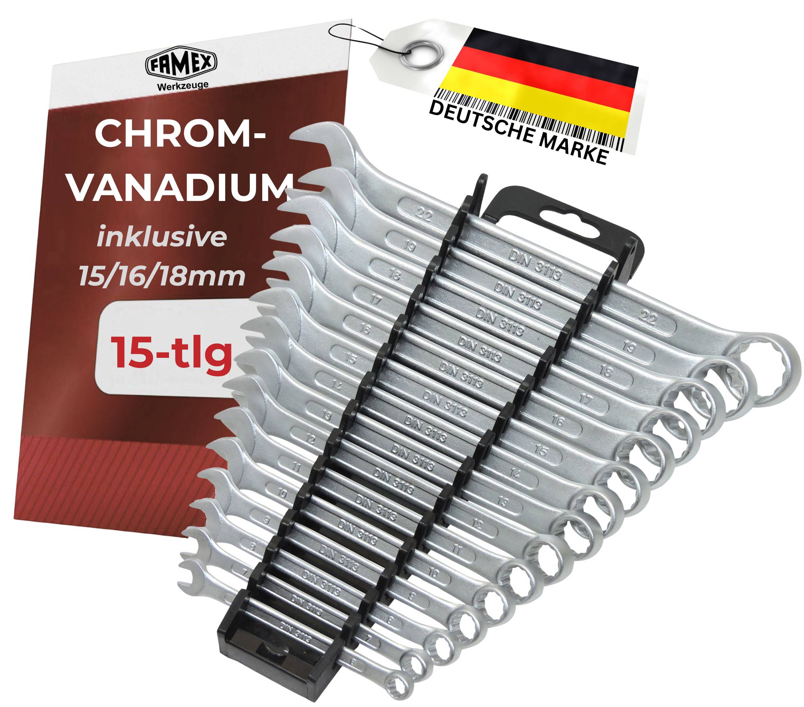 FAMEX 10355-15 Ringmaulschlüssel Satz - Gabelringschlüssel Maulschlüssel Ringschlüssel – 15-tlg.