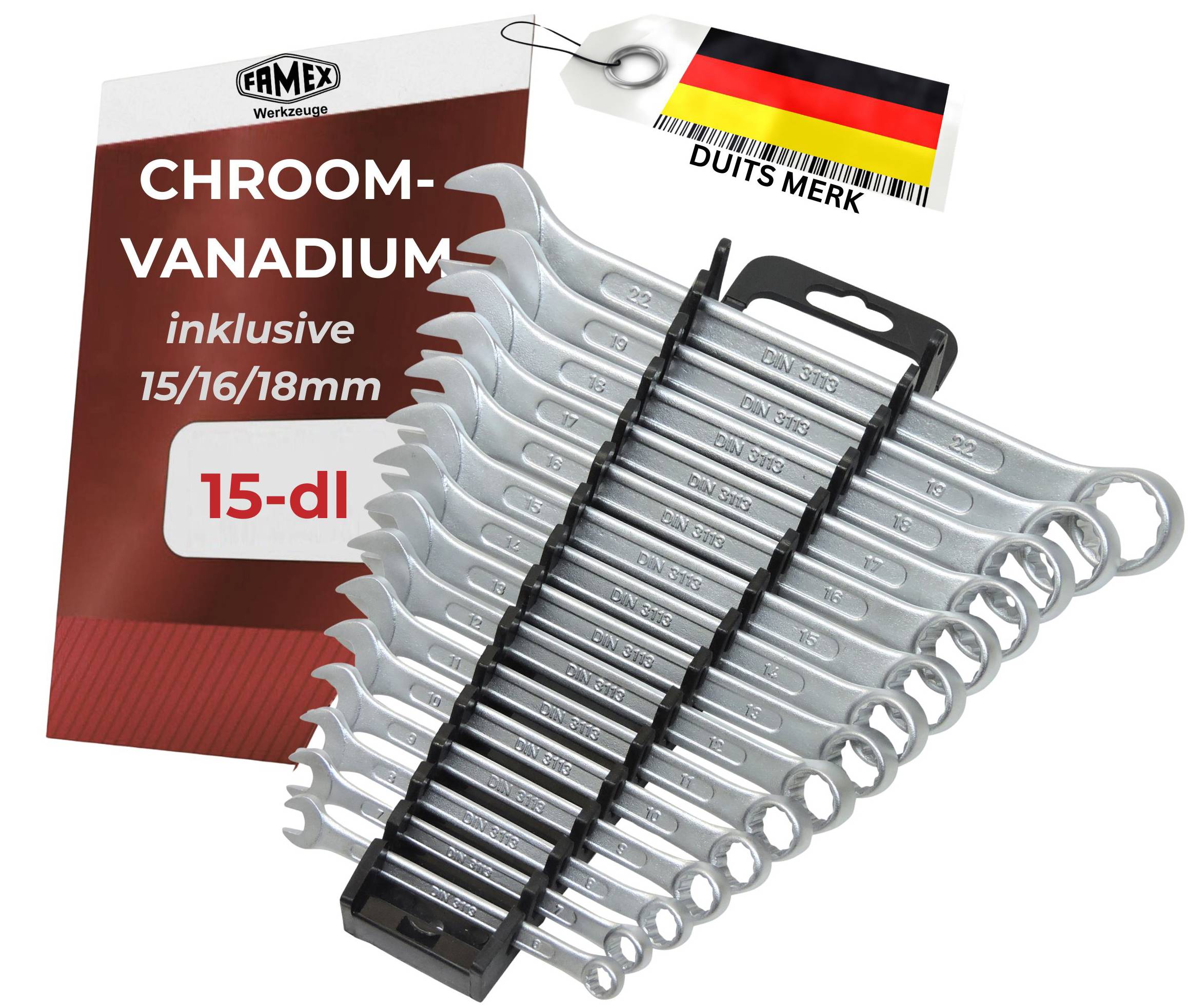 FAMEX 10355-15 Ringmaulschlüssel Satz - Gabelringschlüssel Maulschlüssel Ringschlüssel – 15-tlg.