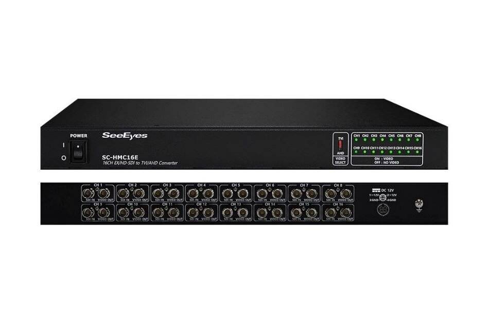 Front- und Rückansichten eines SeeEyes SC-HCM1G HDMI-zu-3G-SDI-Wandlers, die den Netzschalter, Status-LEDs und mehrere BNC-Ein-/Ausgänge zeigen.