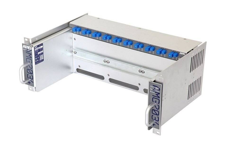 Ein Metall-Rack-Einbaupanel mit zehn blauen Anschlüssen, die mit 'AMC2031' beschriftet sind. Es verfügt über einen Griff auf der rechten Seite für eine einfache Installation.