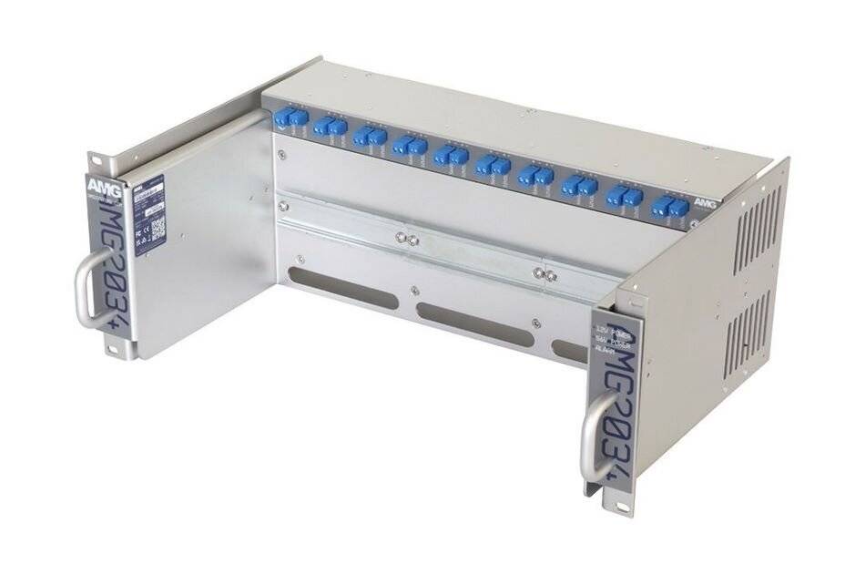 AMG2034-1256-DD, Baugruppenträger für AMG Hutschienengeräte, ausziehbar, 4HE, 19", 1 x 12VDC, 1 x 56VDC