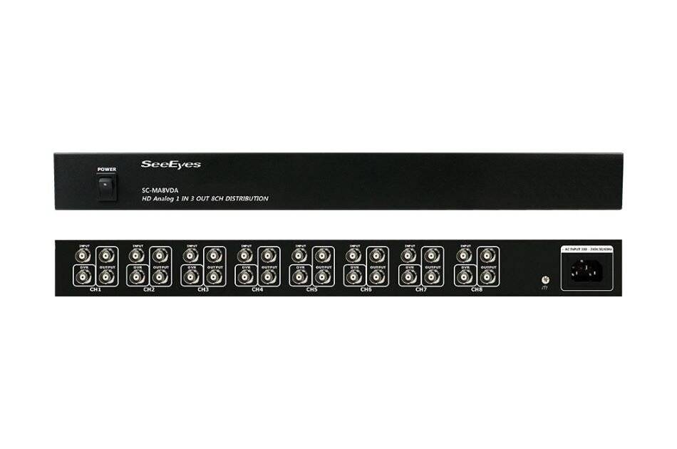 SeeEyes SC-MA1VA Rack-Montage-Videoverteilungsgerät mit Stromschalter und an der Frontplatte befestigten BNC-Anschlüssen mit Beschriftungen für mehrere Kanäle.