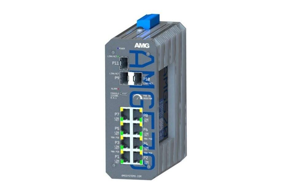 Industrie-AMG-Ethernet-Switch-Modul mit mehreren gekennzeichneten Anschlüssen in einem grauen DIN-Schienen-Gehäuse, dargestellt vor weißem Hintergrund.
