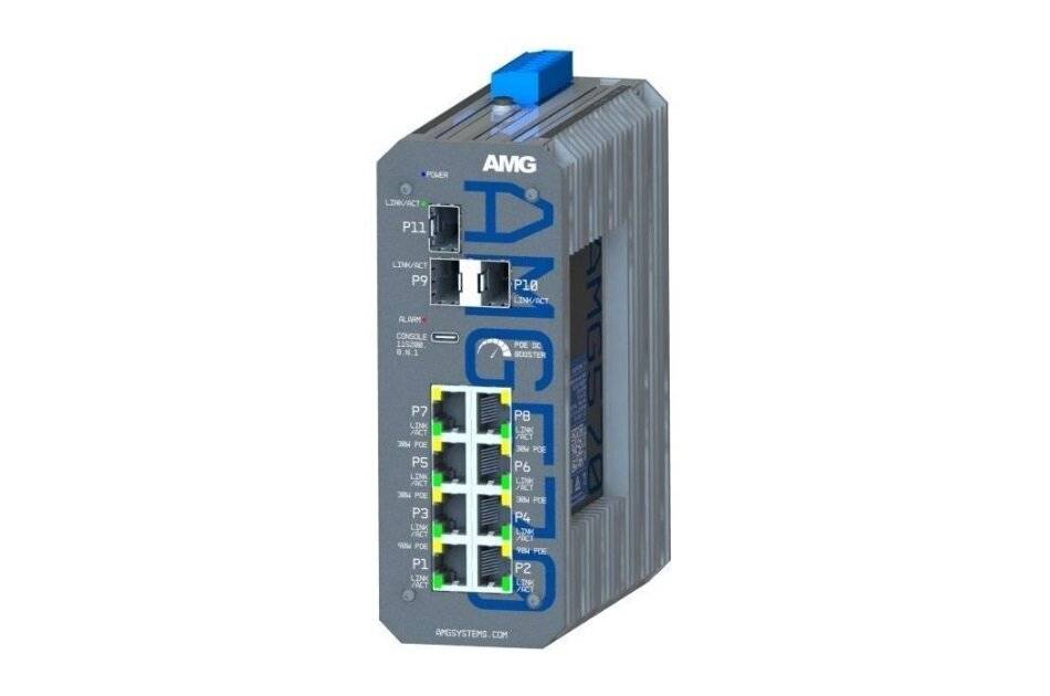 AMG-markierter industrieller Ethernet-Switch mit mehreren Anschlüssen, die von P1 bis P11 gekennzeichnet sind. Zeigt Stromverbindung und Netzwerkschnittstellenstatus an.