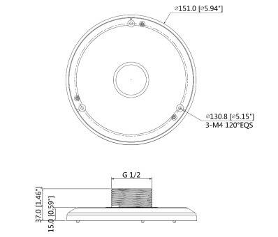 Technische Zeichnung einer kreisförmigen Vorrichtung mit Maßangaben. Durchmesser: 151,0 mm. Enthält Befestigungsdetails mit drei M4-Schrauben. Seitenansicht zeigt einen G 1/2-Anschluss.