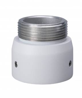 Ein metallischer Gewindeadapter mit einer weißen Basis, der zwei sichtbare Schrauben aufweist und zur Verbindung von zylindrischen Komponenten oder Rohren verwendet wird.