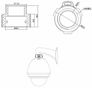 Technische Zeichnung einer Halterung für eine Dome-Sicherheitskamera mit Seiten- und Aufsicht, einschließlich Maßangaben und Winkeln für die Installationsvorschriften.