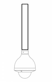 Outline-Zeichnung eines tragbaren Mikrofons mit langem, schmalem Griff und rundem Kopf, mittig auf einem einfachen Hintergrund dargestellt.