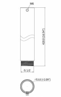 Technische Zeichnung eines zylindrischen Teils: 420 mm hoch mit M6-Bohrung oben, G 1/2-Gewinde unten und 53,0 mm Durchmesser in der Draufsicht.