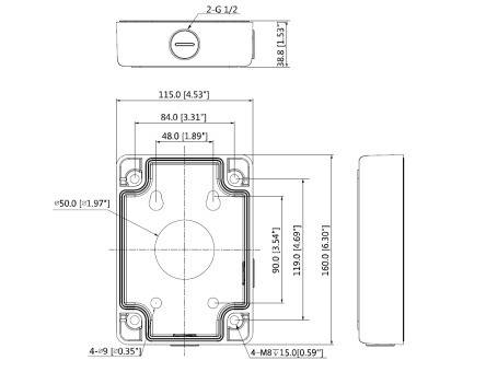 Technische Zeichnung einer rechteckigen Elektrobox, die Abmessungen und Maße in Millimetern und Zoll zeigt, mit detaillierten Befestigungspunkten.