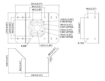 Technische Zeichnung eines mechanischen Bauteils mit detaillierten Maßen, Lochabständen und Dimensionen, einschließlich zweier Ansichten mit beschrifteten Messungen in Millimetern und Zoll.