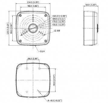 Diagramm eines quadratischen Geräts mit beschrifteten Abmessungen: 134 mm breit, 56 mm tief, 98 mm hoch, mit Befestigungspunkten und Anschlussdetails.