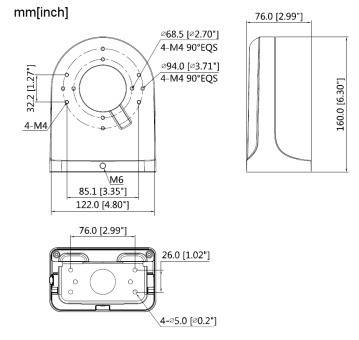 Technische Zeichnung eines mechanischen Bauteils mit Abmessungen in Millimetern und Zoll. Vorder-, Seiten- und Draufsicht mit Lochpositionierungen und -größen.