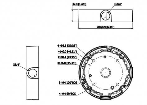 Technische Zeichnung eines kreisförmigen Bauteils mit Maßangaben. Seitenansicht zeigt einen Durchmesser von 37,0 [1,46