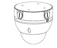 Eine Linienzeichnung einer runden, deckenmontierten Sicherheitskamera mit Schrauben und Kuppelgehäuse.