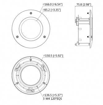 Technische Zeichnung mit Abmessungen einer kreisförmigen Befestigungsplatte. Draufsicht: Außendurchmesser 166,0 mm, Innendurchmesser 85,2 mm. Seitenansicht Tiefe: 75,8 mm.