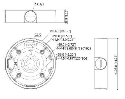Technische Zeichnung eines kreisförmigen mechanischen Bauteils mit markierten Abmessungen. Enthält G1/2, M4 Maße und mehrere Ansichten zur Montagereferenz.