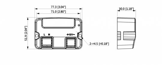 Diagramm eines elektronischen Geräts mit Abmessungen: 77,3 mm breit, 71,0 mm hoch, mit einem Montageloch von 4,5 mm Durchmesser. Markiert mit '+12V' und 'GND'.