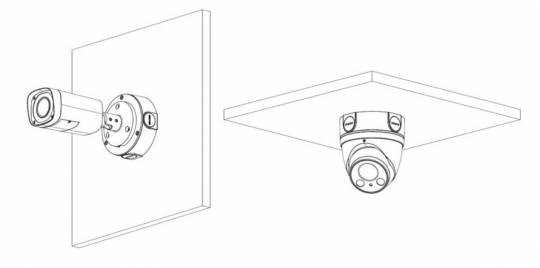 Linienzeichnungen von zwei Sicherheitskameras: eine an einer Wand montiert, die andere an der Decke, mit Darstellung verschiedener Installationsmethoden.
