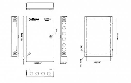 Eine technische Zeichnung einer Dahua Elektrische Verteilerdose mit Vorder-, Seiten- und Draufsicht mit folgenden Abmessungen: 215 mm Breite, 186 mm Höhe, 53 mm Tiefe.