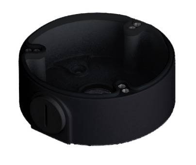 Eine schwarze, kreisförmige Metallhalterung mit einer vertieften Mittelfläche und Schraublöchern entlang des Randes, konzipiert zum Befestigen von Geräten.