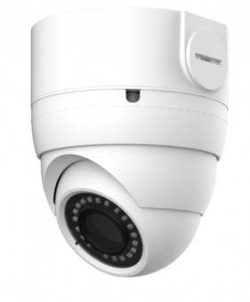 Eine weiße Dome-Überwachungskamera mit Infrarot-LEDs für Nachtsicht, konzipiert für die Deckeninstallation und eingesetzt in Sicherheitssystemen.