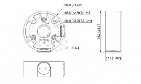 Technische Zeichnung eines kreisförmigen Bauteils mit Abmessungen: 94 mm Durchmesser, 96,7 mm Höhe. Bereiche mit den Bezeichnungen 