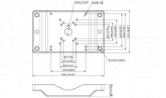 Technische Zeichnung eines rechteckigen Halters mit mehreren beschrifteten Abmessungen, die Bohrlöcher und Maße in Millimetern und Zoll zeigt.