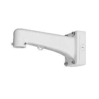 Eine weiße Wandhalterung, die speziell für Sicherheitskameras entwickelt wurde, mit einem zylindrischen Arm und Montageplatte für eine sichere Befestigung.