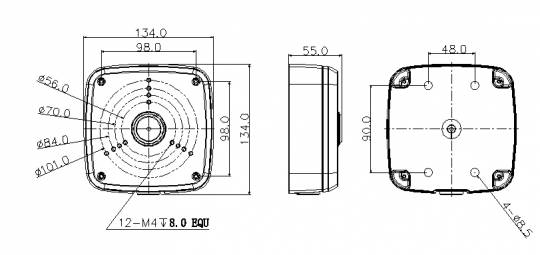 Technische Maßstabzeichnung eines quadratischen mechanischen Bauteils mit Front-, Seiten- und Rückansicht sowie Maßangaben und Befestigungslochpositionen.