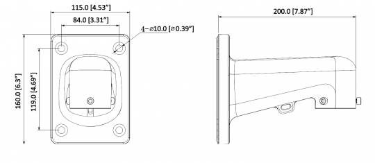 Technische Maßzeichnung einer rechteckigen wandmontierten Befestigung mit Vorder- und Seitenansicht, mit beschrifteten Abmessungen in mm und Zoll.