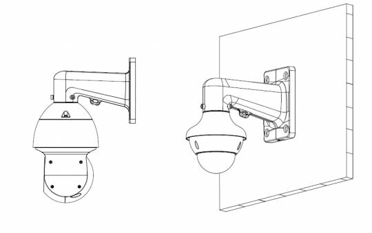 Strichzeichnung einer wandmontierten Sicherheitskamera in Seiten- und Montageansicht, mit Kuppelgehäuse und verstellbarer Halterung an einer Wand.