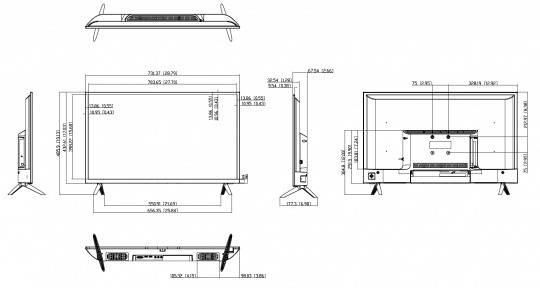 Technische Zeichnung eines Fernsehers mit Maßangaben. Zeigt Vorder-, Seiten-, Ober- und Anschlussansicht mit detaillierten Messungen in Millimetern.