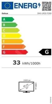 Energieeffizienz-Etikett mit einer Bewertung von G und einem Verbrauch von 33 kWh/1000h, hervorgehoben auf einer Skala von A (am effizientesten) bis G (am wenigsten effizient).