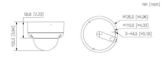 Technische Maßzeichnung einer runden Befestigung: Seiten- und Draufsicht mit Maßangaben, einschließlich 100,0 mm Höhe, 56,6 mm Breite und Durchmessern von 126,0 mm und 110,0 mm, sowie 3×Ø4,5 Befestigungslöcher.