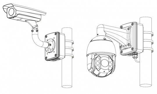 Linienzeichnung von zwei Sicherheitskameras, die auf Pfählen montiert sind. Die linke Kamera hat eine Kastenform mit Verkabelung, und die rechte ist eine Kuppelkamera.
