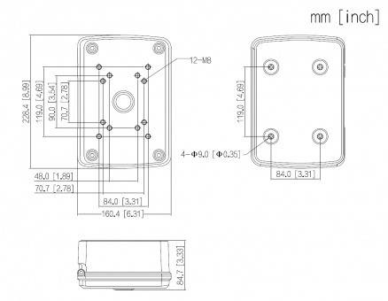 Technische Zeichnung eines rechteckigen Gerätegehäuses mit Abmessungen in Millimetern und Zoll, die mehrere Befestigungslöcher zeigt.