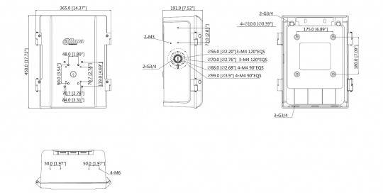 Technische Zeichnung einer mechanischen Komponente mit detaillierten Abmessungen und Messungen, einschließlich beschrifteter Bohrlöcher und Kanten.