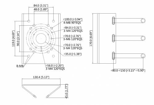 Technische Zeichnung einer mechanischen Halterung mit Vorder-, Seiten- und Bodenansicht, die Abmessungen, Bohrlochanordnungen und Befestigungsnut-Abstände zeigt.