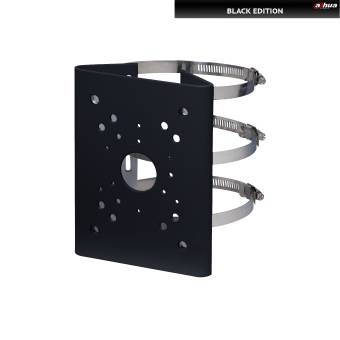 Schwarze Befestigungsplatte mit mehreren kreisförmigen Löchern und drei Metallschlauchschellen, oben mit „BLACK EDITION" gekennzeichnet.