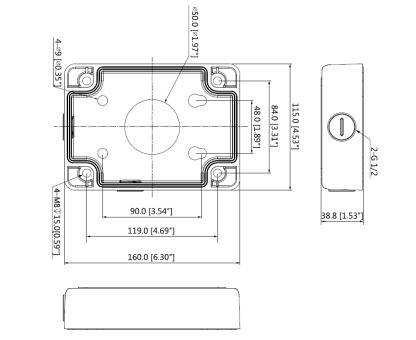 Technische Zeichnung eines rechteckigen elektronischen Gehäuses mit Abmessungen: 160,0 mm x 90,0 mm x 38,8 mm, mit Befestigungslöchern.