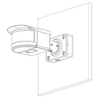 Eine Linienzeichnung einer Sicherheitskamera, die an einem Wandhalter befestigt ist. Die Kamera ist nach unten gerichtet, was auf ihren Einsatz zur Überwachung hindeutet.