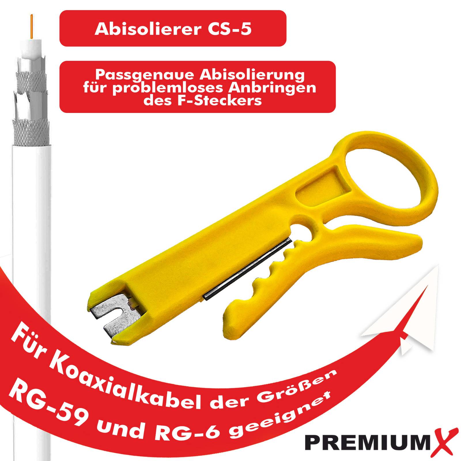 PremiumX Abisolierer XCon CS-5 Universal Kabel Abisolier-Werkzeug CAT 5 6 7 RG 59/6 Telefonkabel Kabelwerkzeug Entmanteler