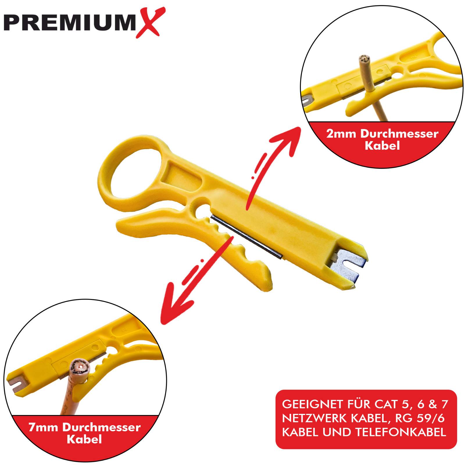 PremiumX Abisolierer XCon CS-5 Universal Kabel Abisolier-Werkzeug CAT 5 6 7 RG 59/6 Telefonkabel Kabelwerkzeug Entmanteler
